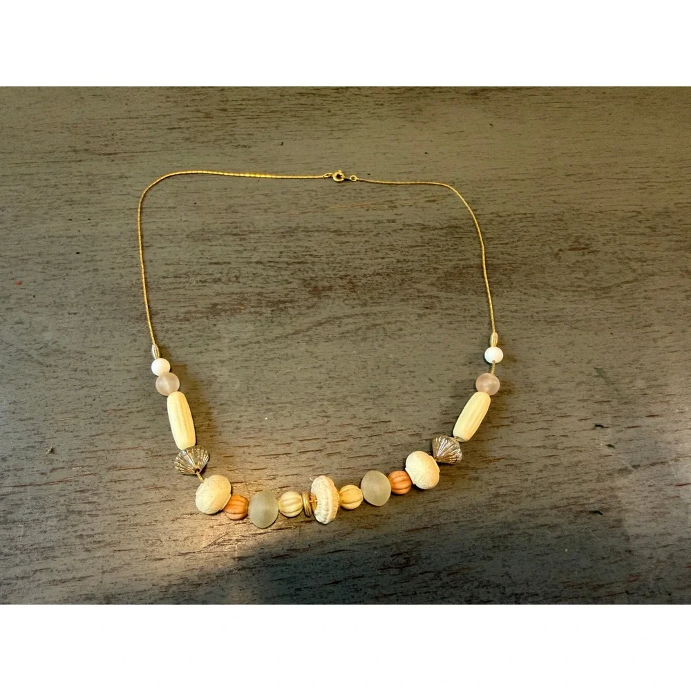 Vintage Multi Bead Gold Tone Chain Necklace Ivory Peach Frosted Neutral 24 Inch